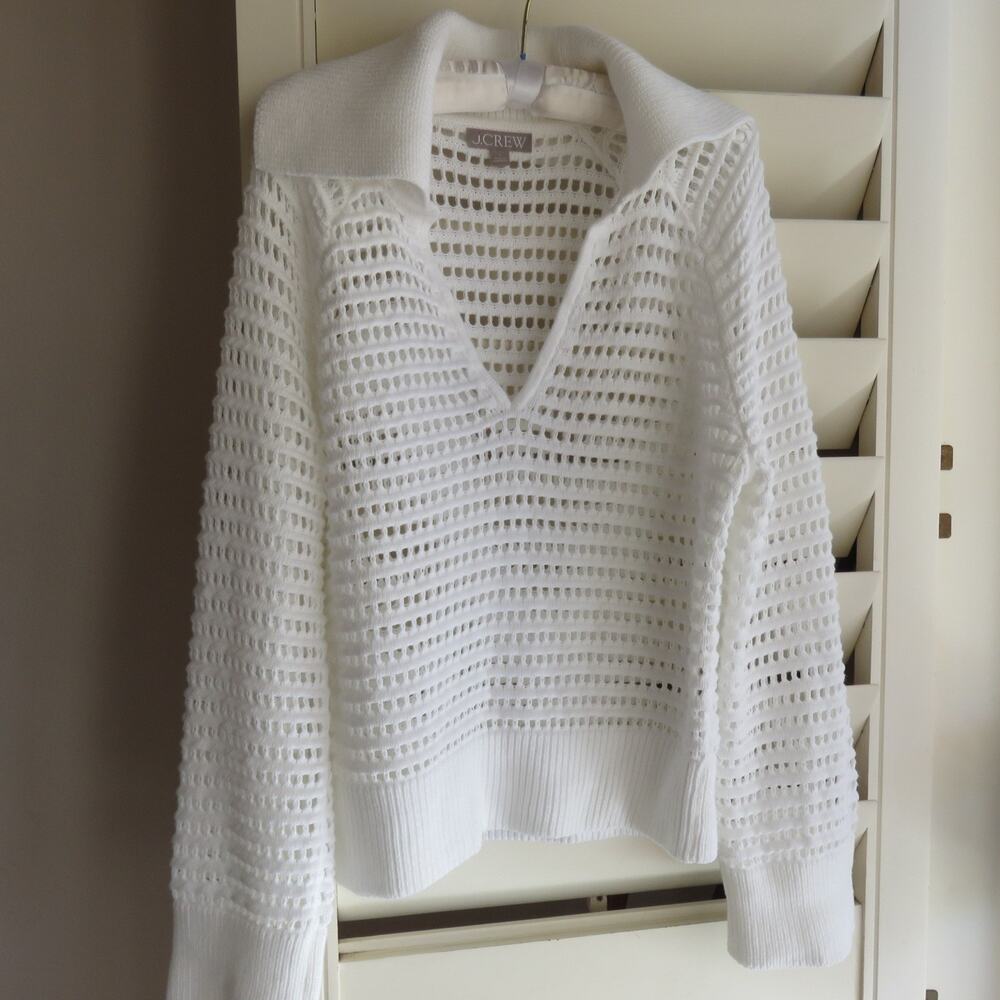 J Crew White Cotton Open Knit Sweater Medium Women's Style BZ517 Fisherman Knot